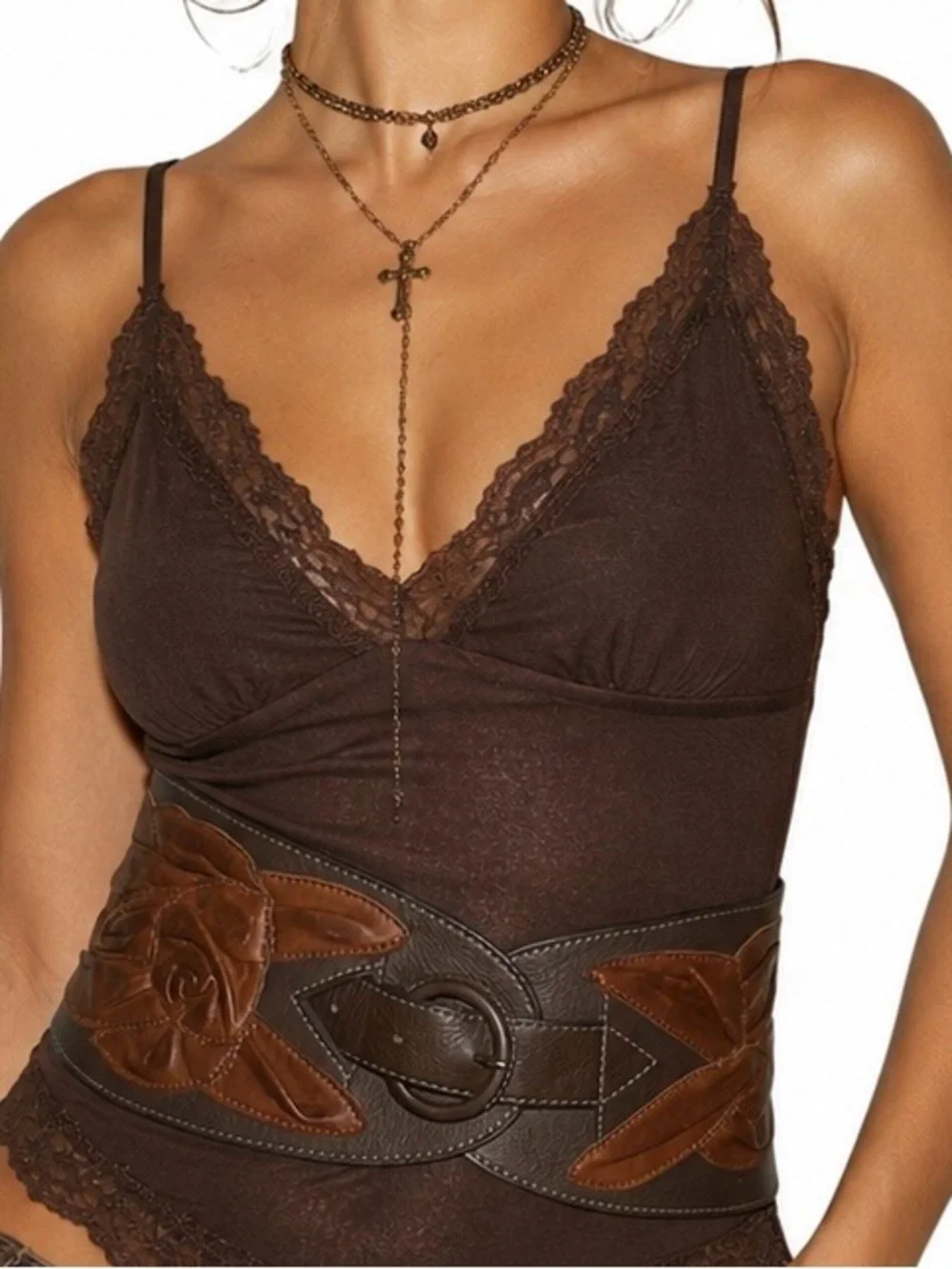 Lucky Penny Anthropologie Brown Leather 3D Rose Floral Wide Waist Belt